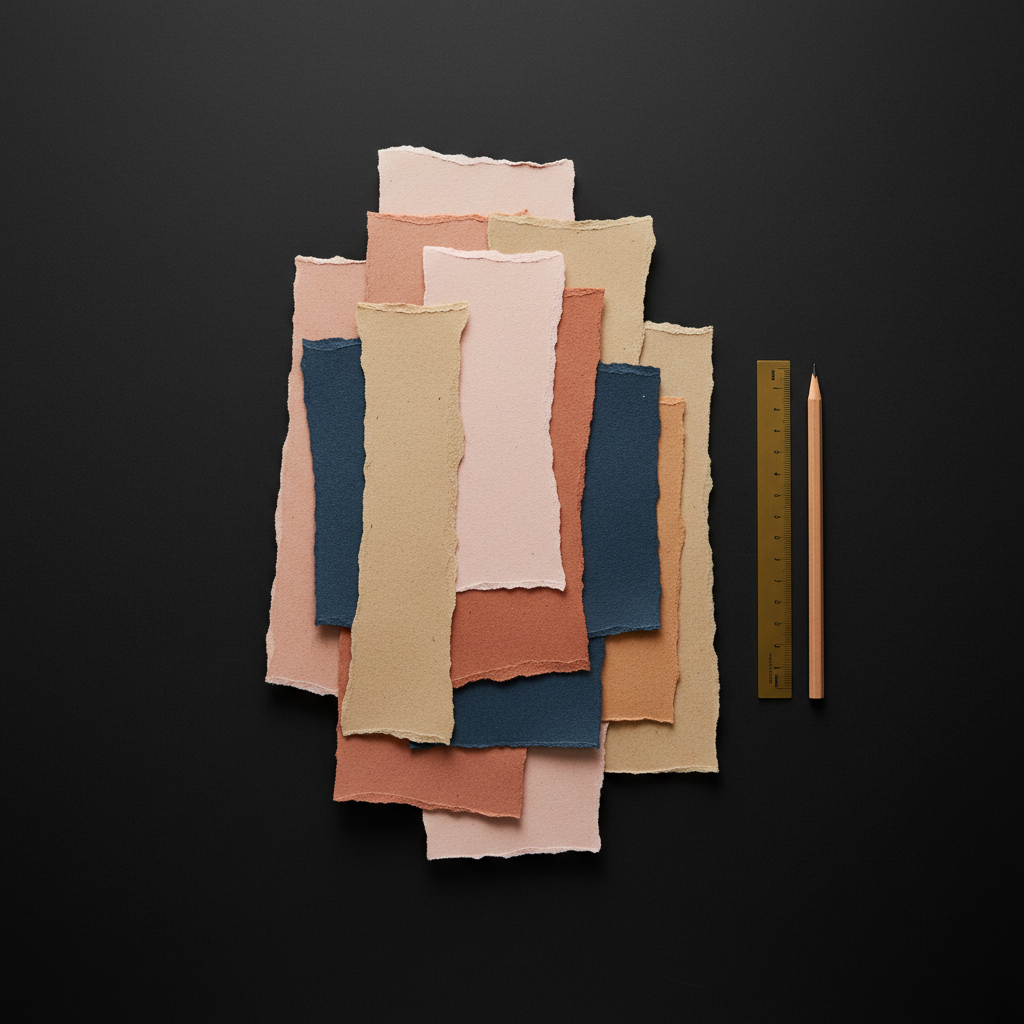 An abstract arrangement of torn handmade papers spreads across a wide, matte-black tabletop: layers of soft blush, warm sand, muted terracotta, and deep ink-blue pieces overlap with organic, uneven edges. A slim brass ruler and a finely sharpened graphite pencil rest nearby, suggesting a moment of intentional design. Overhead, diffused studio lighting creates soft, shadowed contours along the torn fibers, highlighting their tactile texture. The background fades into a smooth, slightly out-of-focus dark surface, keeping attention on the composition. Photographic realism with a sophisticated, editorial feel, shot from directly above for a flat-lay effect, evoking the process of constructing an authentic self from many nuanced layers.