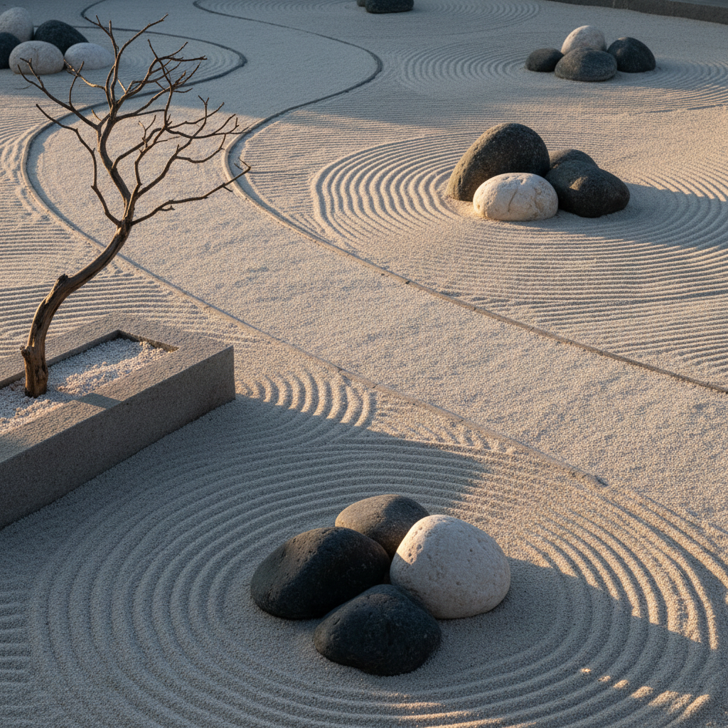 A narrow, winding path of pale, fine gravel gently curves through a minimalist Zen garden of smooth, raked sand and carefully placed river rocks in shades of charcoal, dove gray, and soft white. A single, sculptural dry tree branch rises from a low stone planter at the edge of the path, its form elegant and spare. Late golden-hour sunlight grazes the scene from the right, creating long, delicate shadows and warm highlights on the textured sand patterns. Photographic realism with a calm, meditative mood, captured from a slightly elevated angle using the rule of thirds, symbolizing the subtle, non-linear journey of self-discovery and inner refinement.