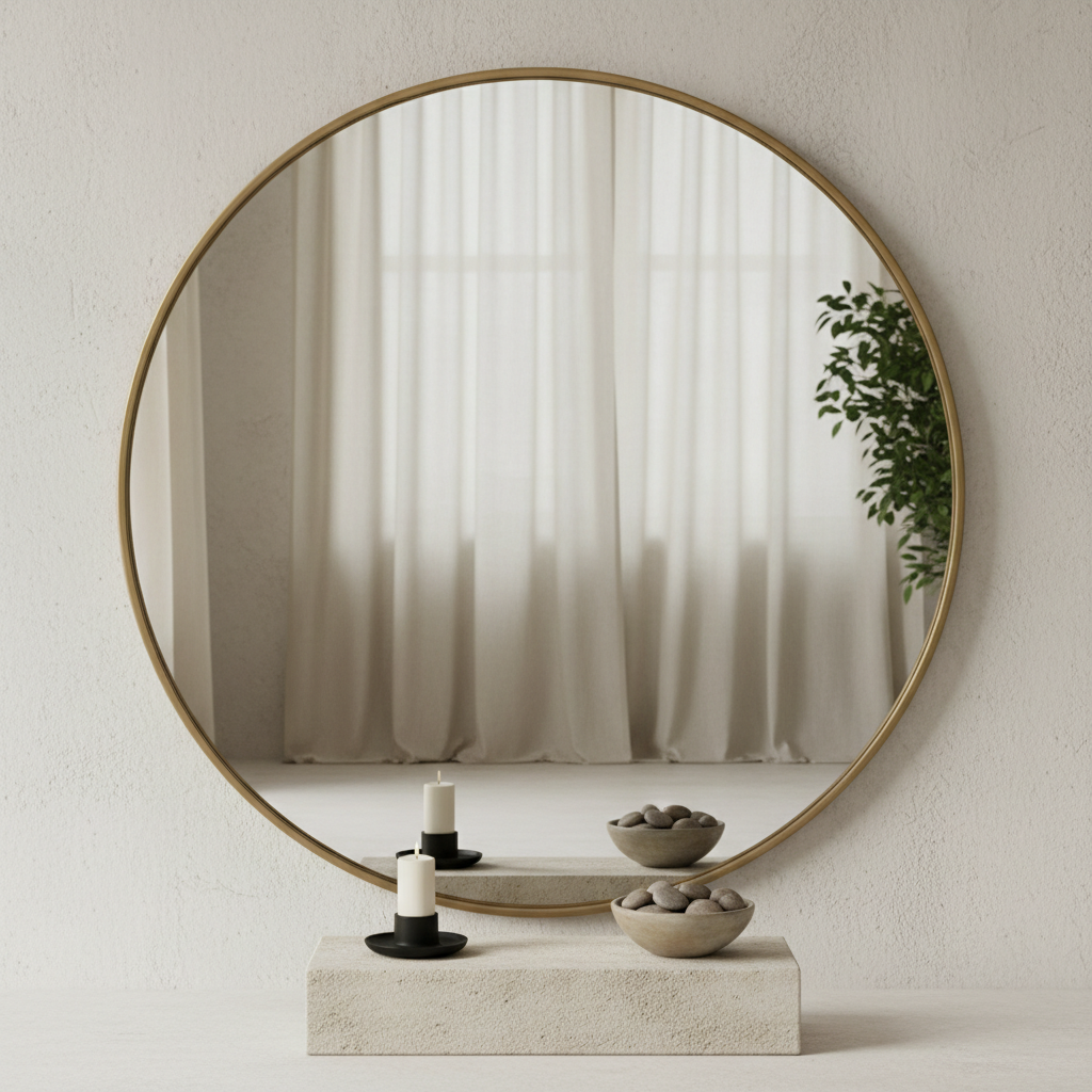 A large, circular mirror with a thin brushed-brass frame stands propped against a textured, off-white wall, reflecting a serene, uncluttered room with soft ivory curtains and a hint of greenery at the edge of the frame. In front of the mirror, a low stone pedestal holds a single white candle in a minimalist holder, unlit, next to a small ceramic bowl filled with smooth river stones. Diffused overcast light filters through the curtains, creating a gentle, even illumination without harsh shadows. Photographic realism with a refined, tranquil mood, captured straight-on at eye level, using a balanced composition to evoke themes of self-reflection, stillness, and inner space.