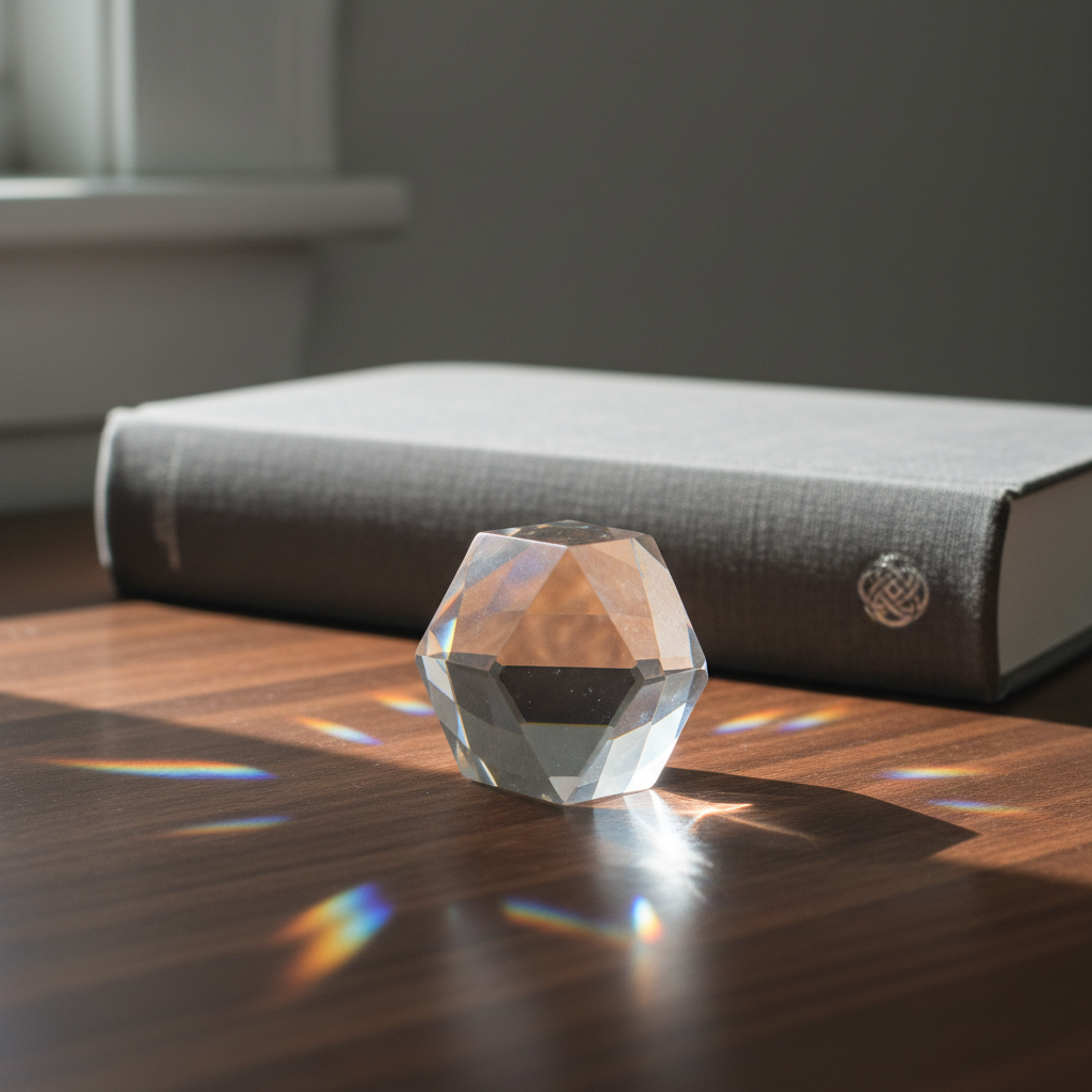 A single, intricately faceted crystal prism rests on a dark walnut surface, its clear edges catching shafts of soft morning light streaming through a nearby window. Subtle rainbows scatter across the smooth tabletop and the matte, dove-gray wall behind, slightly blurred into delicate shapes. A closed, charcoal-gray hardcover book sits in the background, its spine embossed with a simple, metallic symbol. Photographic realism with a refined, modern style, captured from a slightly elevated angle using shallow depth of field so the crystal is in sharp focus. The atmosphere feels contemplative and sophisticated, symbolizing clarity, inner alignment, and the many facets of authentic selfhood.
