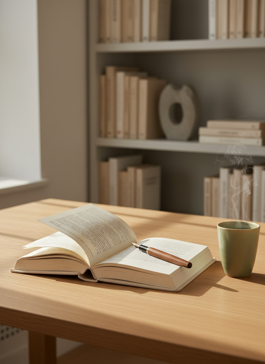An open, linen-bound journal with soft cream pages lies on a smooth, pale oak desk, a single fountain pen resting diagonally across a half-finished entry. Beside it, a thin ceramic cup of herbal tea in muted sage green releases a faint curl of steam. In the background, an unfocused bookshelf holds neatly arranged, neutral-toned books and a single stone sculpture. Late-afternoon natural light pours in from an unseen window to the left, casting gentle, elongated shadows and a calm, golden glow. Photographic realism with a sophisticated, minimalist aesthetic, shot at eye level with a shallow depth of field, emphasizing the journal as the focal point and evoking introspection, clarity, and quiet self-discovery.